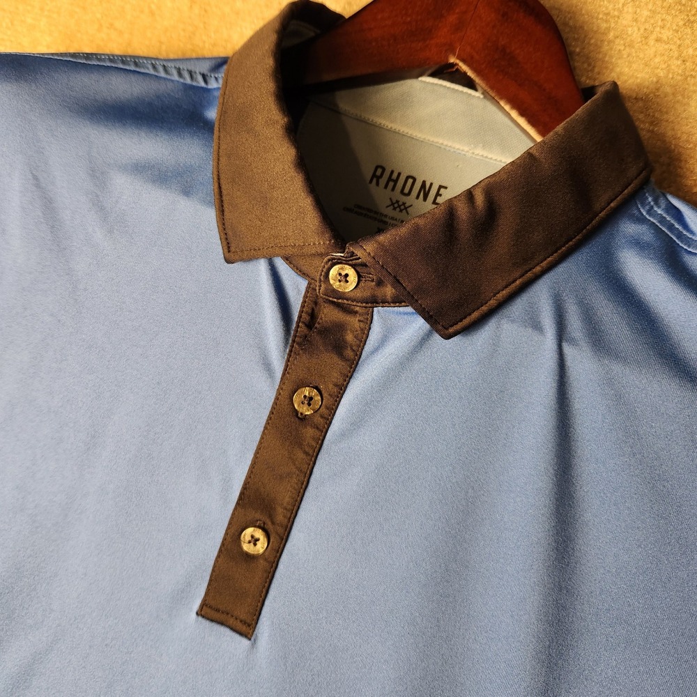 Rhone Polo Shirt Mens XL Blue Brown Performance Stretch Short Sleeve Logo